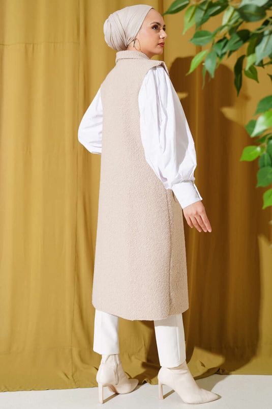 Düğmeli Uzun Buklet Yelek Bej