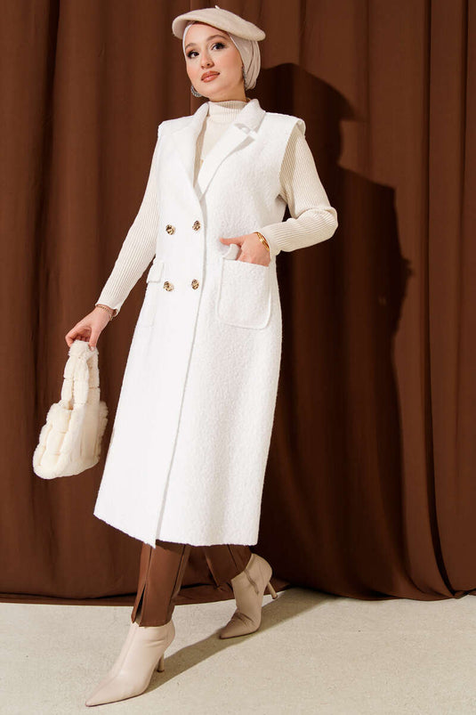 Düğmeli Uzun Buklet Yelek Beyaz