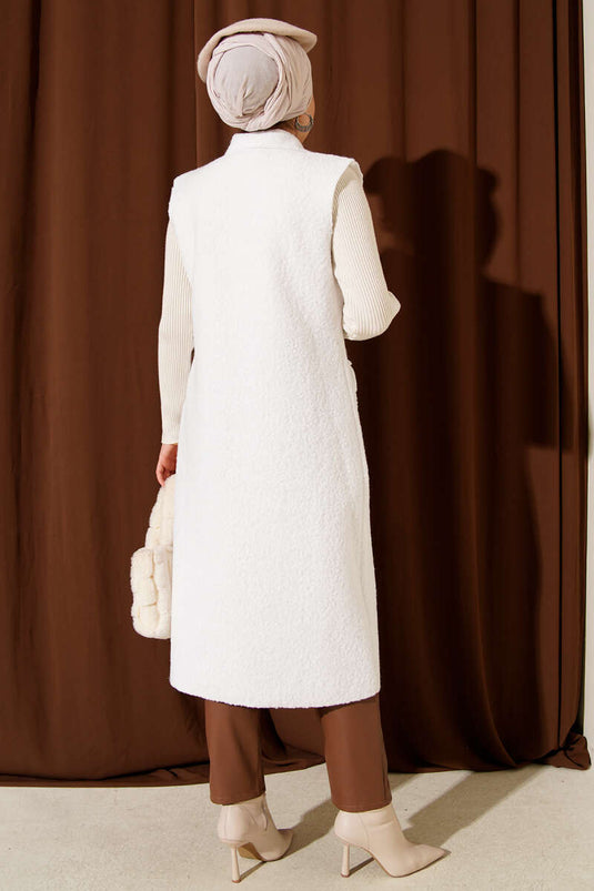 Düğmeli Uzun Buklet Yelek Beyaz