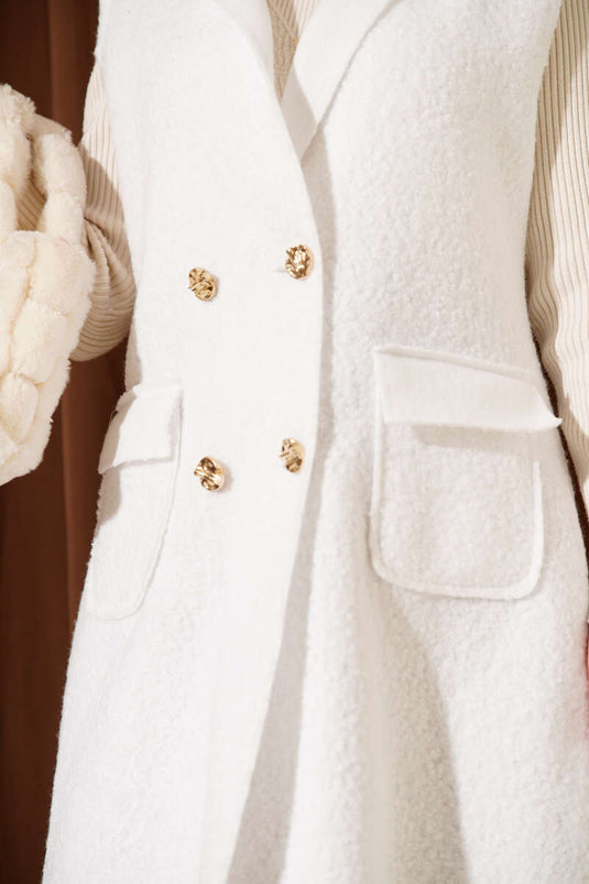 Düğmeli Uzun Buklet Yelek Beyaz