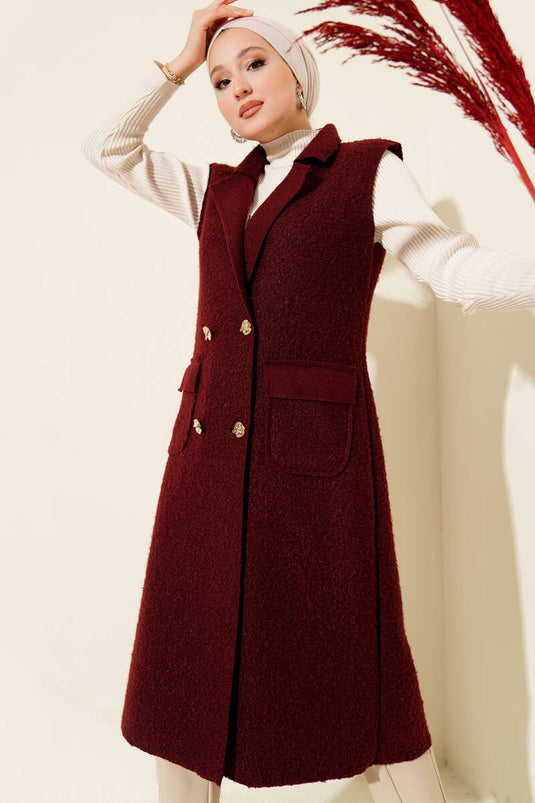 Düğmeli Uzun Buklet Yelek Bordo