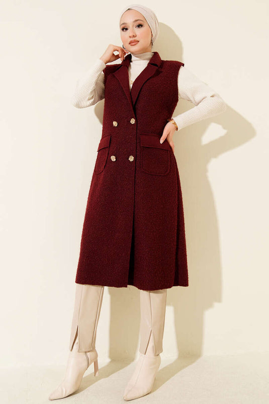 Düğmeli Uzun Buklet Yelek Bordo