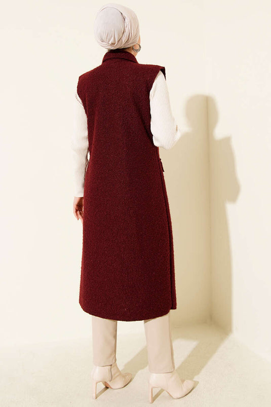 Düğmeli Uzun Buklet Yelek Bordo