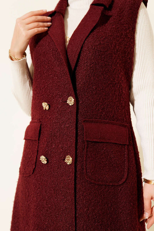 Düğmeli Uzun Buklet Yelek Bordo