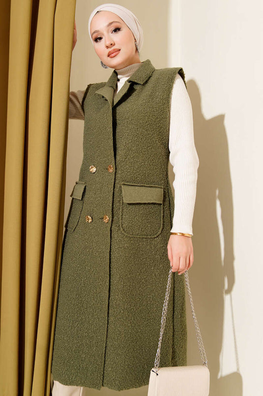 Düğmeli Uzun Buklet Yelek Haki