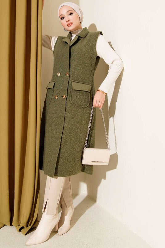 Düğmeli Uzun Buklet Yelek Haki