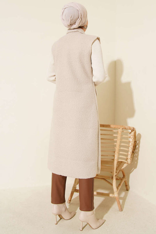 Düğmeli Uzun Buklet Yelek Taş