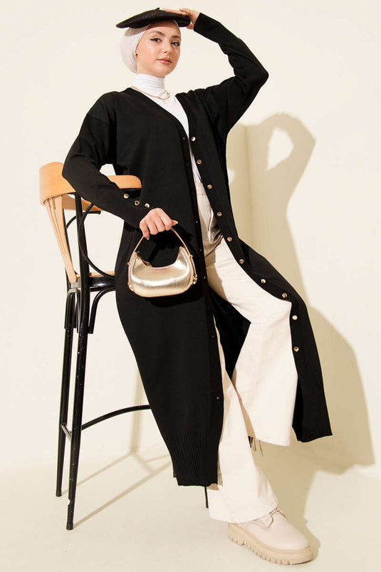 Black Buttoned Long Mercerized Cardigan