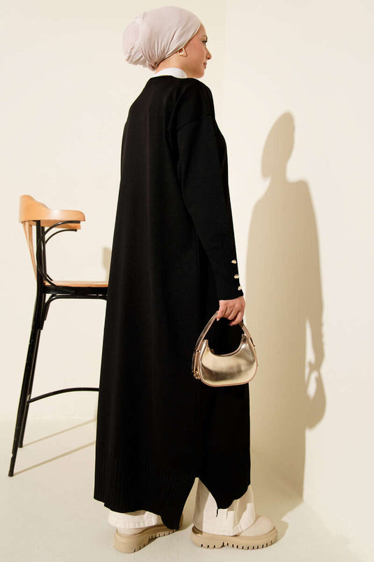 Black Buttoned Long Mercerized Cardigan