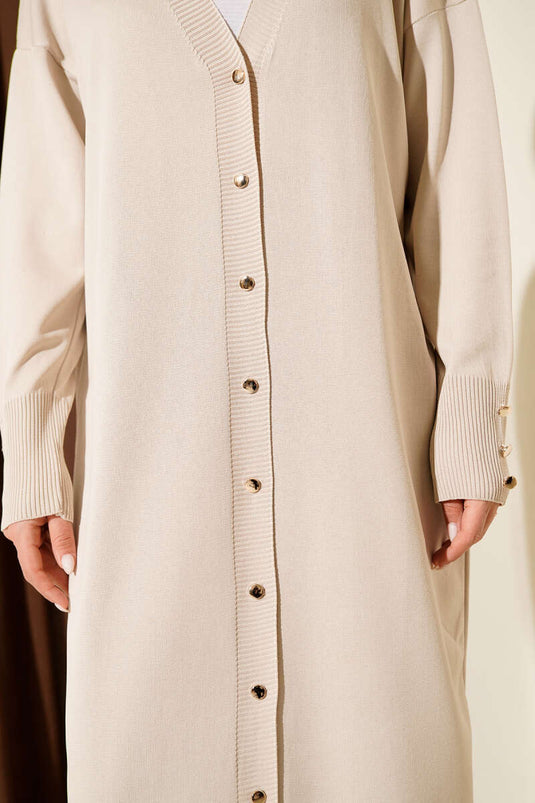 Buttoned Long Mercerized Cardigan With Embellishments