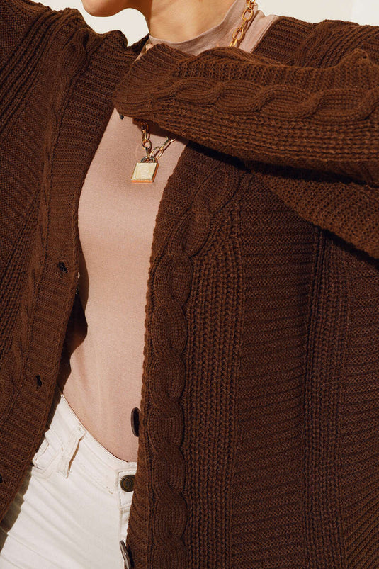 Cardigan Long En Tricot Boutonné Marron