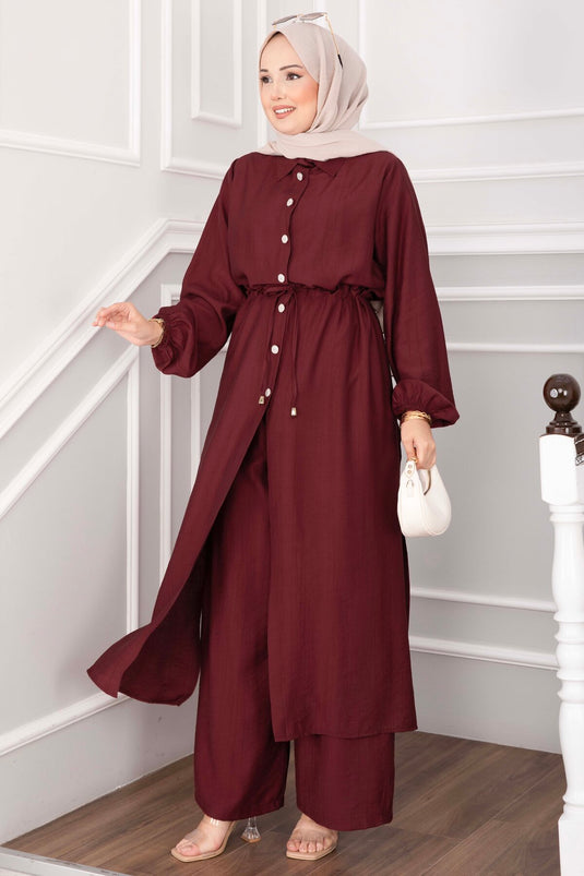 Düğmeli Uzun Tunik Pantolon Takım Bordo