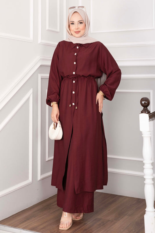 Düğmeli Uzun Tunik Pantolon Takım Bordo