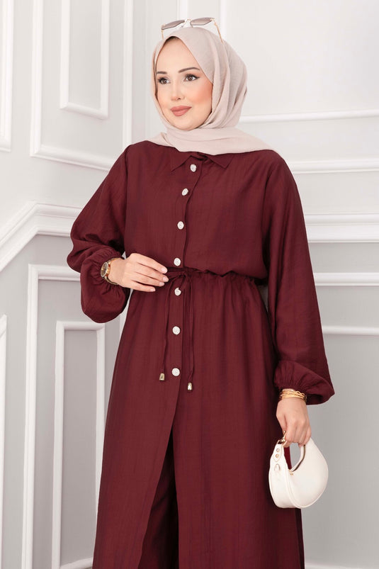 Düğmeli Uzun Tunik Pantolon Takım Bordo