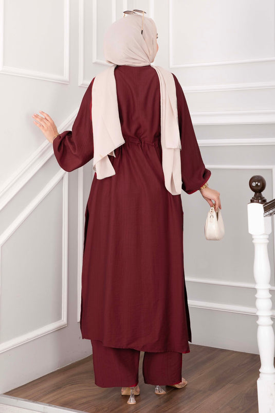 Düğmeli Uzun Tunik Pantolon Takım Bordo