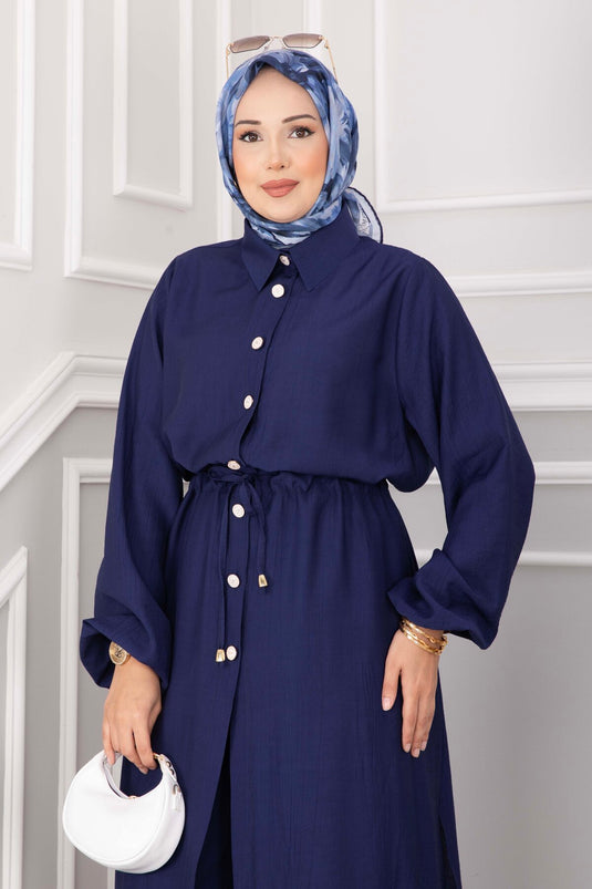 Düğmeli Uzun Tunik Pantolon Takım Lacivert