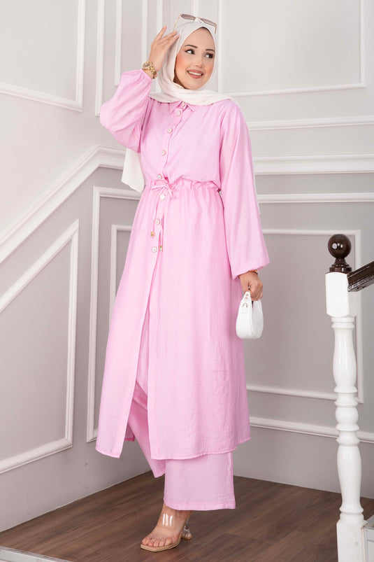 Düğmeli Uzun Tunik Pantolon Takım Pembe