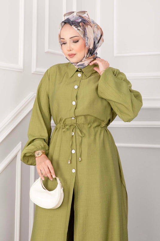 Düğmeli Uzun Tunik Pantolon Takım Yeşil Olive