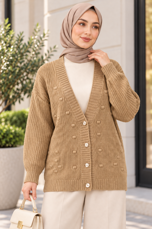 Cardigan In Maglia Camel Con Bottoni E Scollo A V