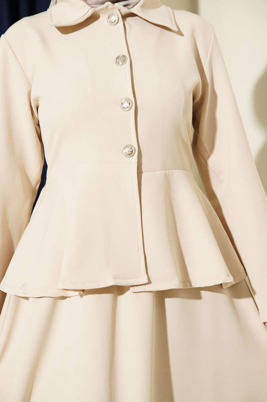 Twee-delig Set met Blouse met Knopen en Rok met Volant Beige