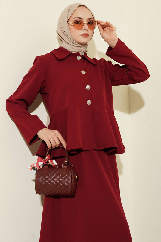 Buttoned Ruffled Blouse and Skirt Two-Piece Set Burgundy