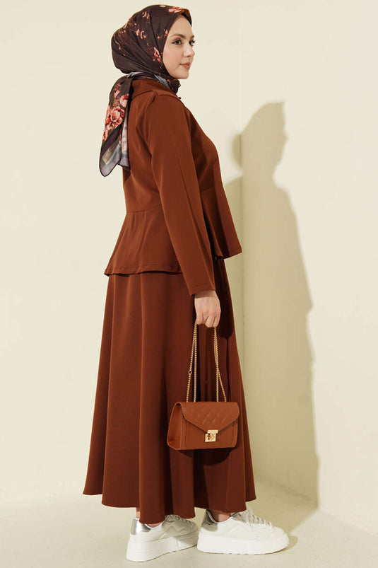 Two-Piece Set with Buttoned Flounce Blouse and Skirt, Brown