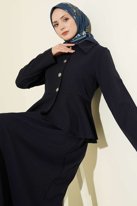 Buttoned Ruffled Blouse and Skirt Two-Piece Set Navy Blue