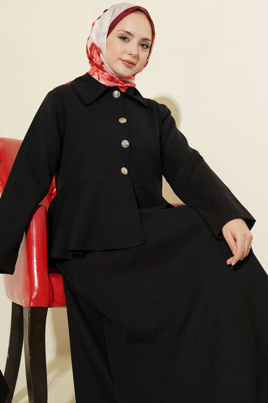 Two-Piece Set with Buttoned Ruffled Blouse and Skirt, Black