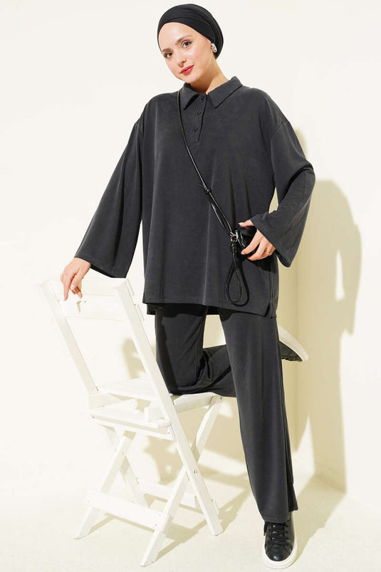 Schwarzes Tencel Zweiteiliger Set Mit Knöpfen
