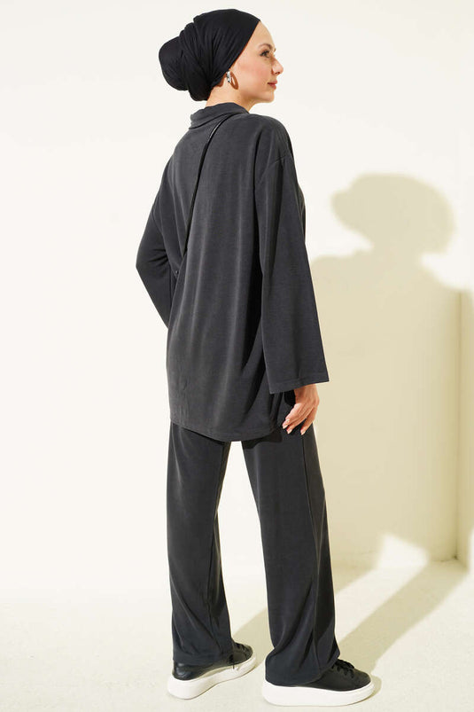 Schwarzes Tencel Zweiteiliger Set Mit Knöpfen