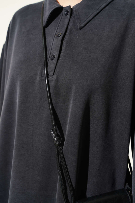 Schwarzes Tencel Zweiteiliger Set Mit Knöpfen