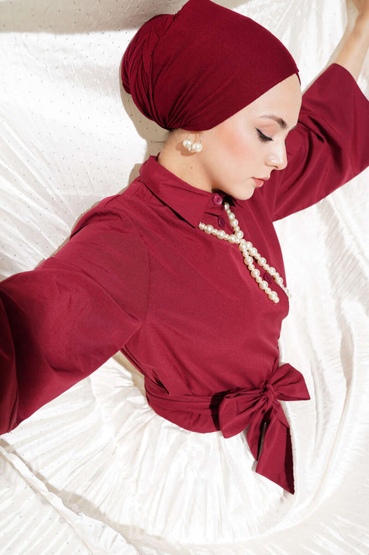 Buttoned Side Tie Short Shirt Claret Red