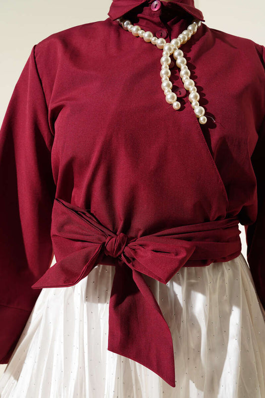 Buttoned Side Tie Short Shirt Claret Red