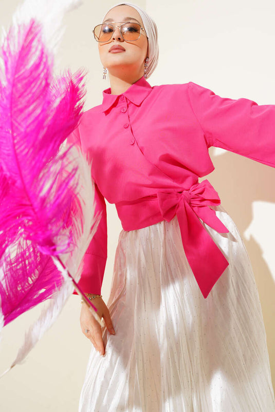 قميص قصير بأزرار ورباط جانبي باللون الفوشيا