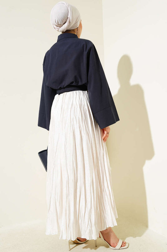 Buttoned Side Tie Short Shirt Navy Blue