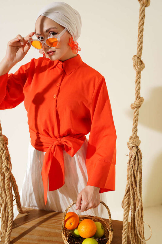 قميص قصير بأزرار ورباط جانبي برتقالي