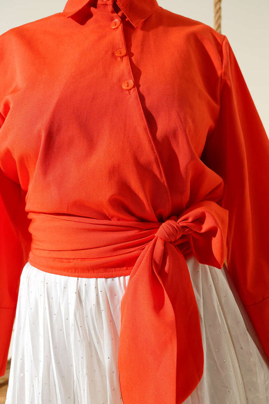 قميص قصير بأزرار ورباط جانبي برتقالي