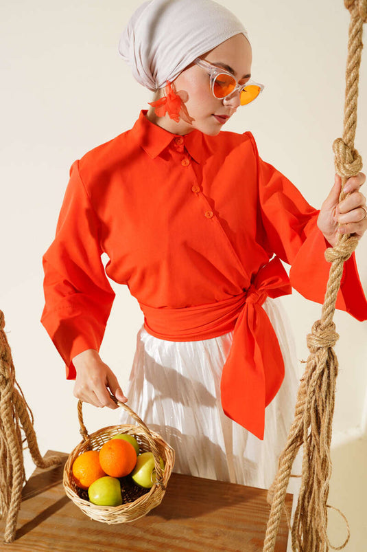 قميص قصير بأزرار ورباط جانبي برتقالي