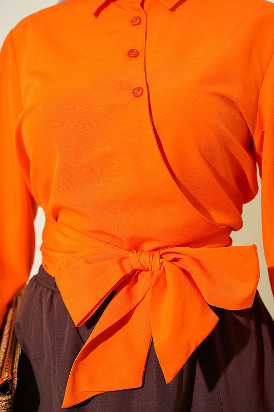 Chemise Courte À Boutons Et Liens Latéraux Orange