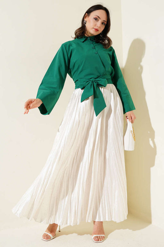Buttoned Side Tie Short Shirt Emerald