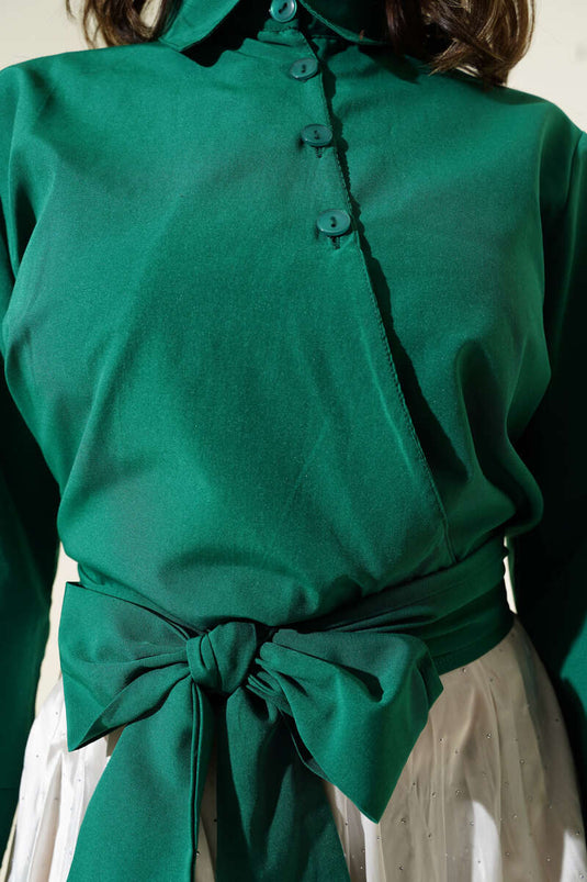Buttoned Side Tie Short Shirt Emerald