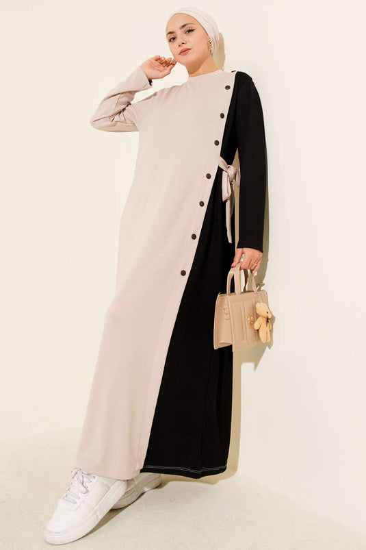 Buttoned Side-Tie Bicycle Neck Dress Beige