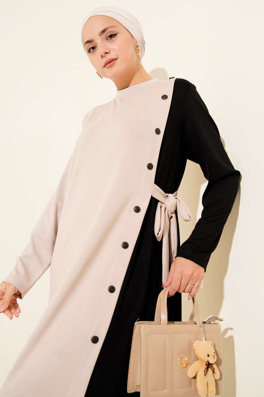 Buttoned Side-Tie Bicycle Neck Dress Beige