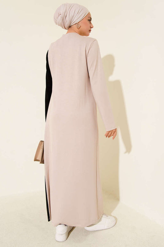 Buttoned Side-Tie Bicycle Neck Dress Beige