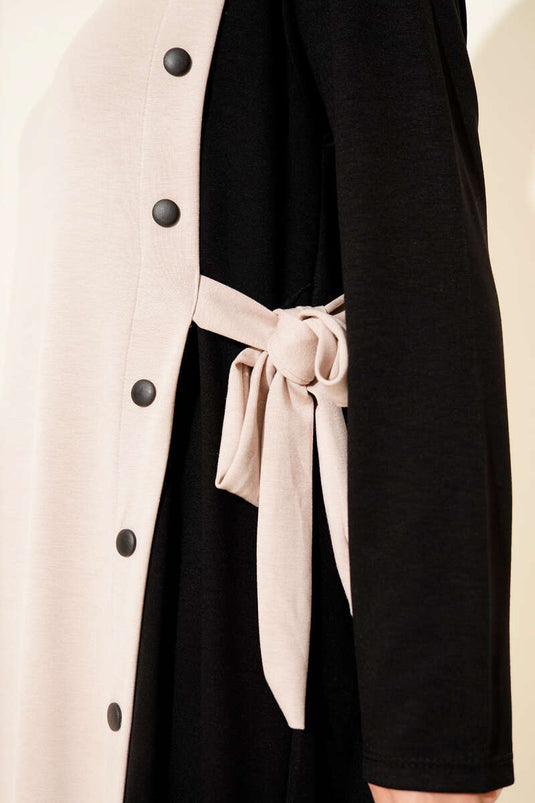 Buttoned Side-Tie Bicycle Neck Dress Beige