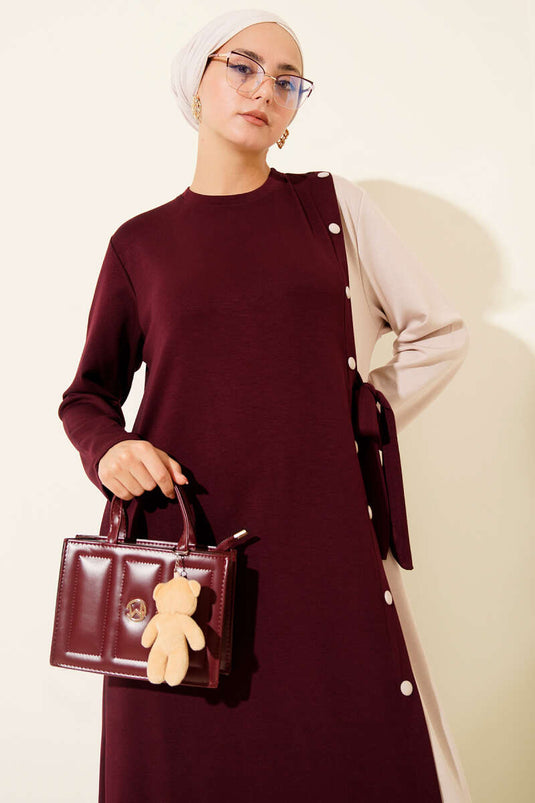 فستان برباط جانبي وأزرار ورقبة دائرية - بورجوندي