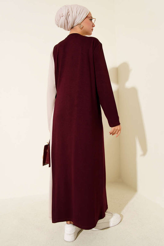 فستان برباط جانبي وأزرار ورقبة دائرية - بورجوندي