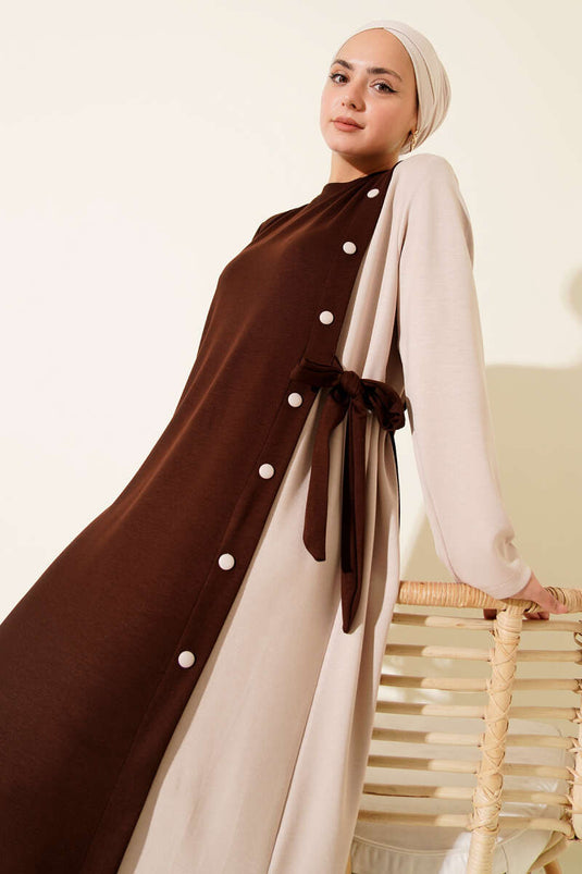 Buttoned Side-Tied Crew Neck Dress, Coffee