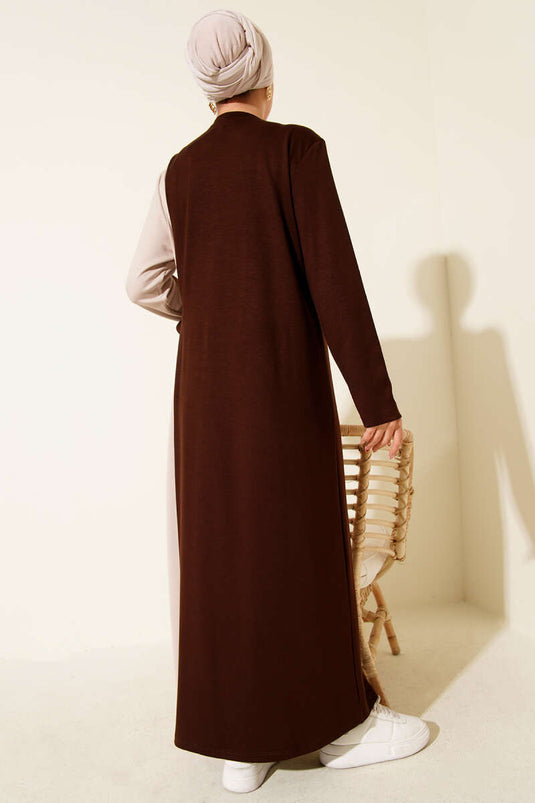 Buttoned Side-Tied Crew Neck Dress, Coffee