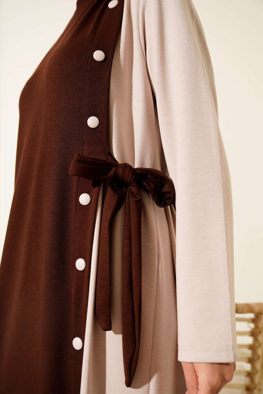 Buttoned Side-Tied Crew Neck Dress, Coffee